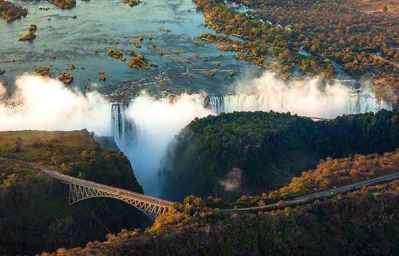 An aerial view of the Victoria Falls.
