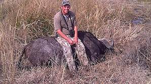 A hunter sits on a Cape buffalo trophy.