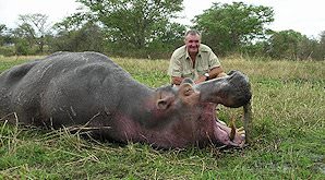 A hunter poses with his hippo trophy.