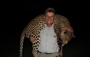 A hunter drapes his leopard trophy over his shoulders.