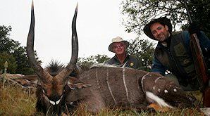 A pair of proud hunters with their nyala trophy.