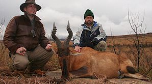 Red hartebeest trophies presented for a commemorative shot.