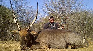 A bow hunter sits behind his impressive waterbuck trophy.