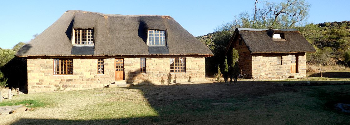 The classic stone and thatch exterior of the Free State hunting camp.