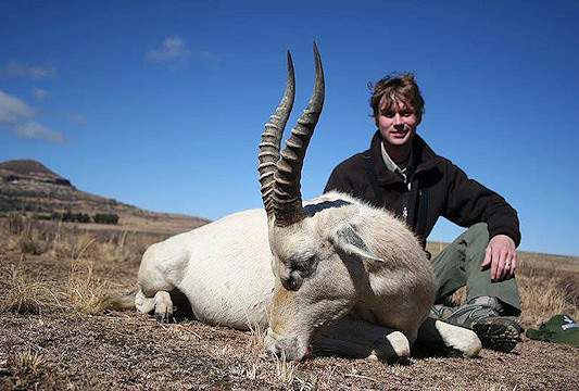 A hunter with his striking white blesbok trophy.