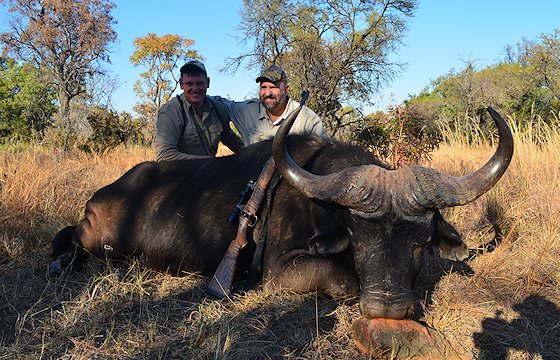 A hunting team stand alongside a buffalo trophy.