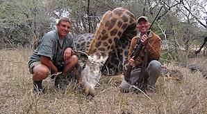 Hunters smile proudly alongside a giraffe trophy.