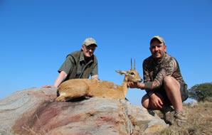 A professional hunter positions his clients' oribi trophy for a photograph.