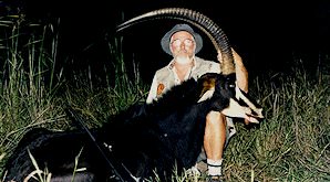 A hunter presents his sable antelope trophy for a photograph.