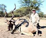 A triumphant hunter crouches alongside his kudu trophy.