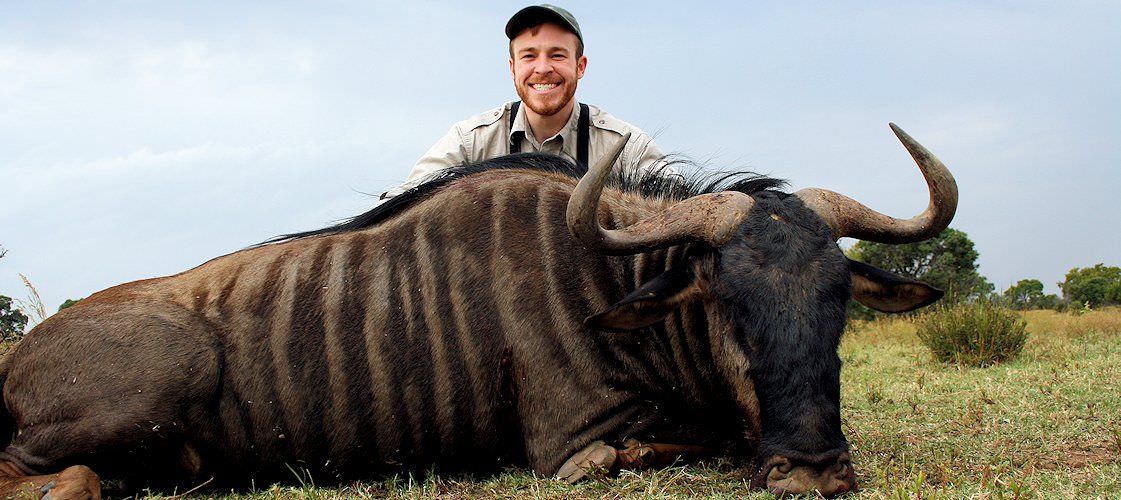 A hunter sits behind his blue wildebeest trophy.
